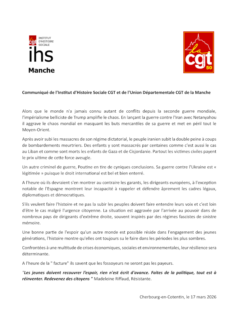 2026 03 17 Communique CGT IHS et UD CGT Manche