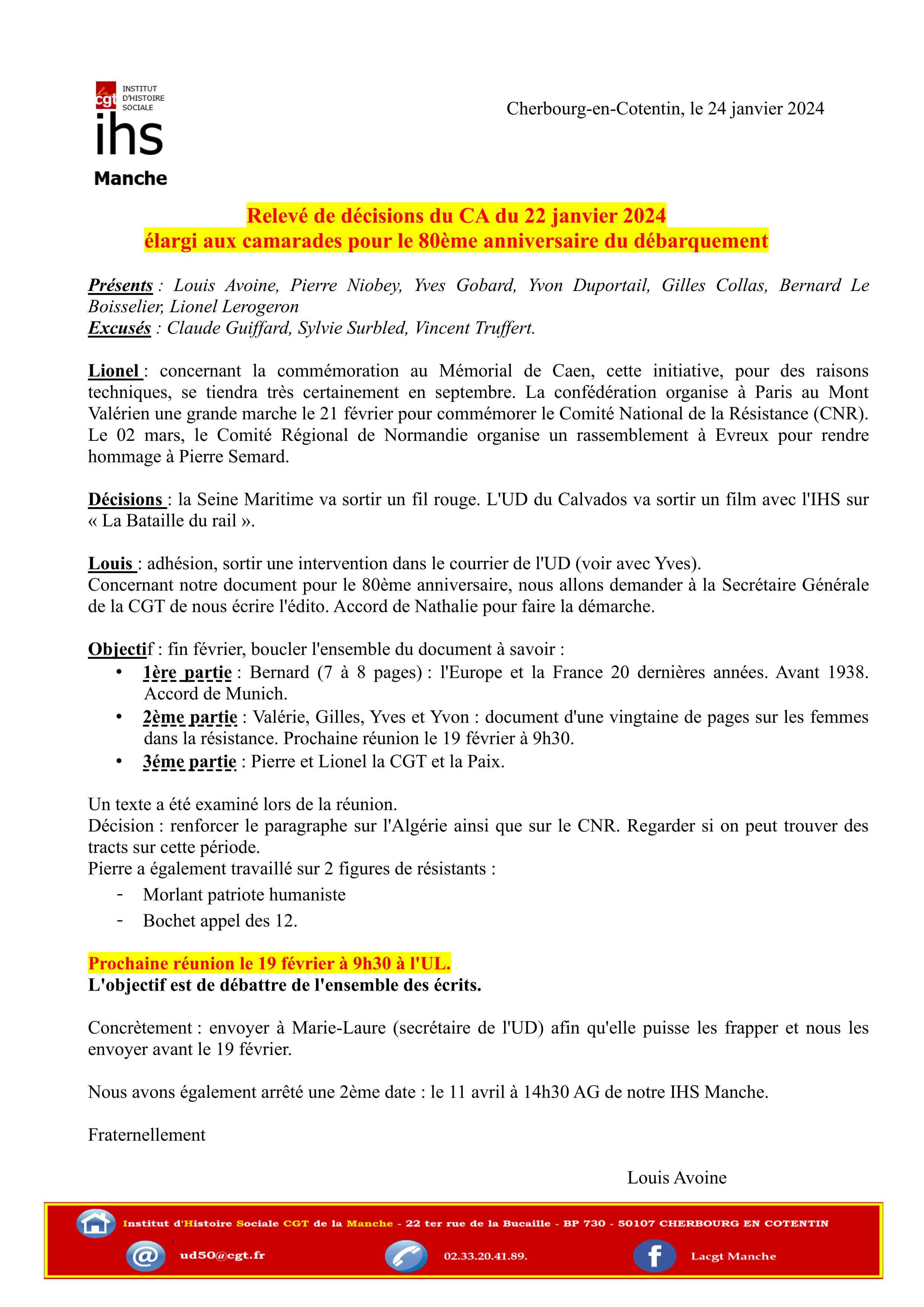 2024 01 24 releve decisions CA IHS 22 janvier 2024